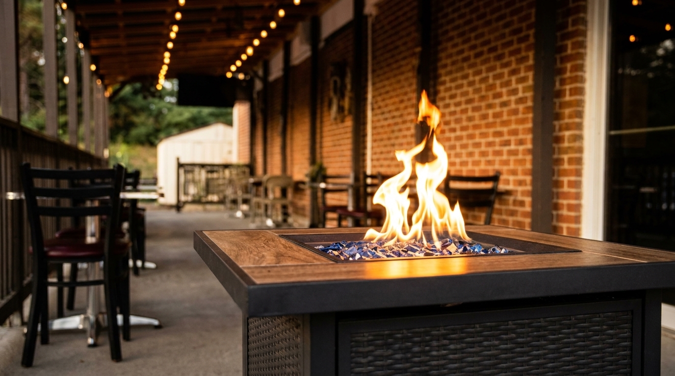 Outdoor patio with a fire pit, string lights, and tables with chairs next to a brick building.