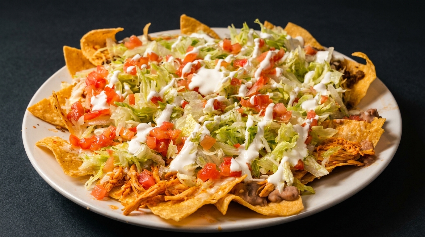 A white plate piled high with nachos, topped with shredded lettuce, diced tomatoes, and sour cream.