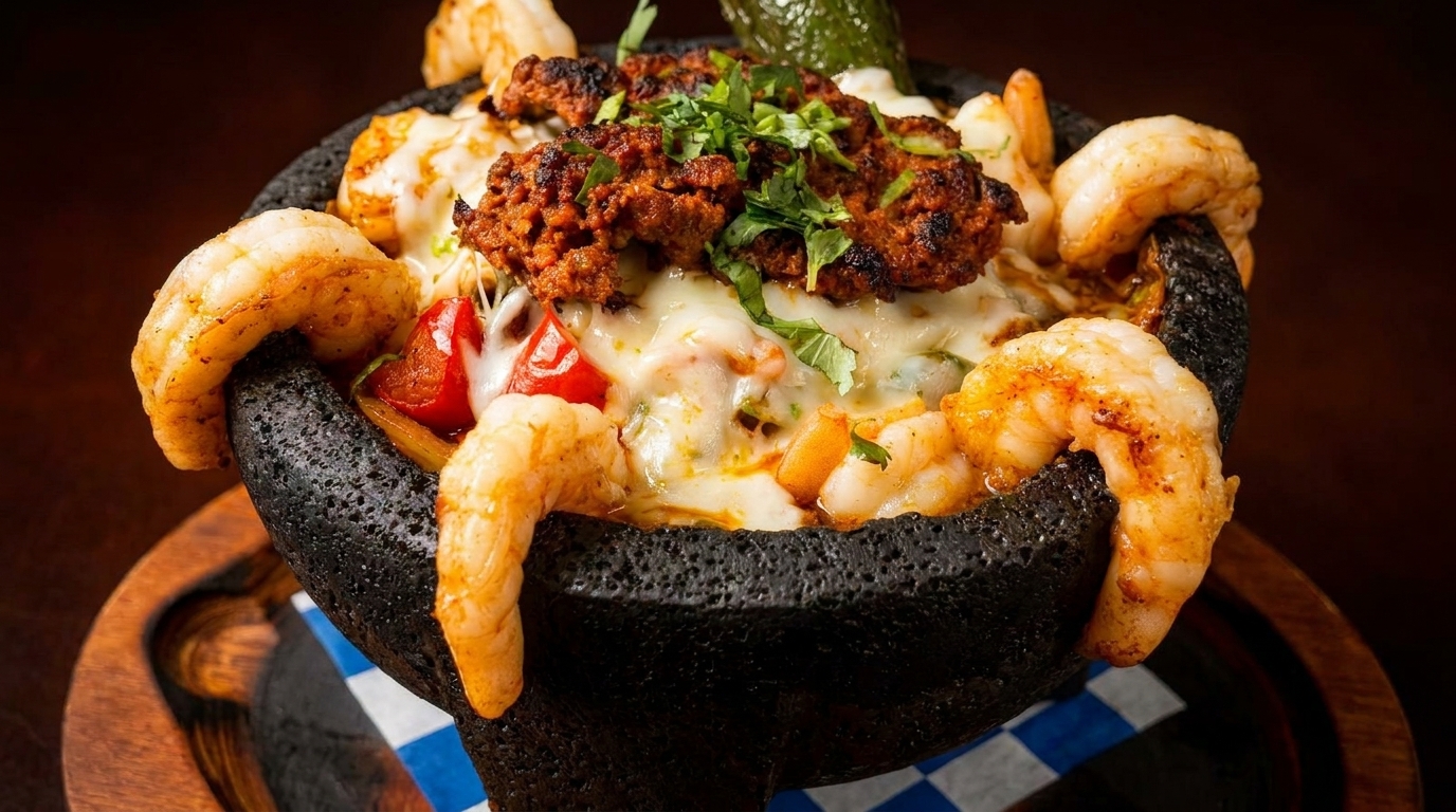 Molcajete dish with shrimp, melted cheese, chorizo, and vegetables, garnished with cilantro.