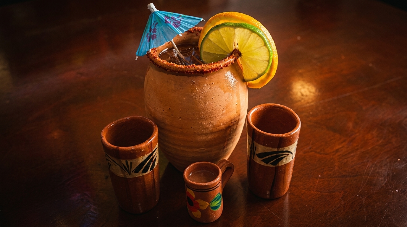 A large clay jar cocktail with a lime, orange, and umbrella, surrounded by smaller clay cups.