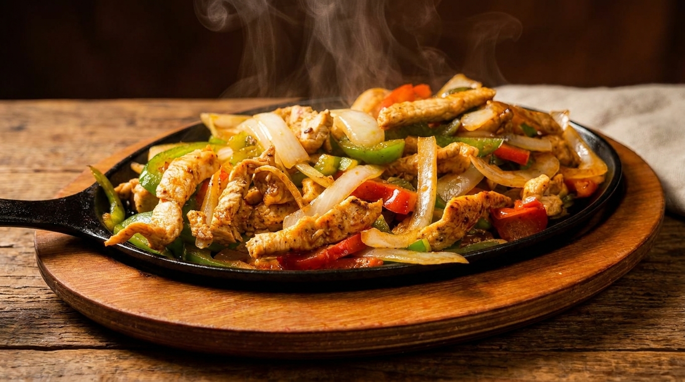 Steaming chicken fajitas with colorful bell peppers and onions on a sizzling cast iron skillet.