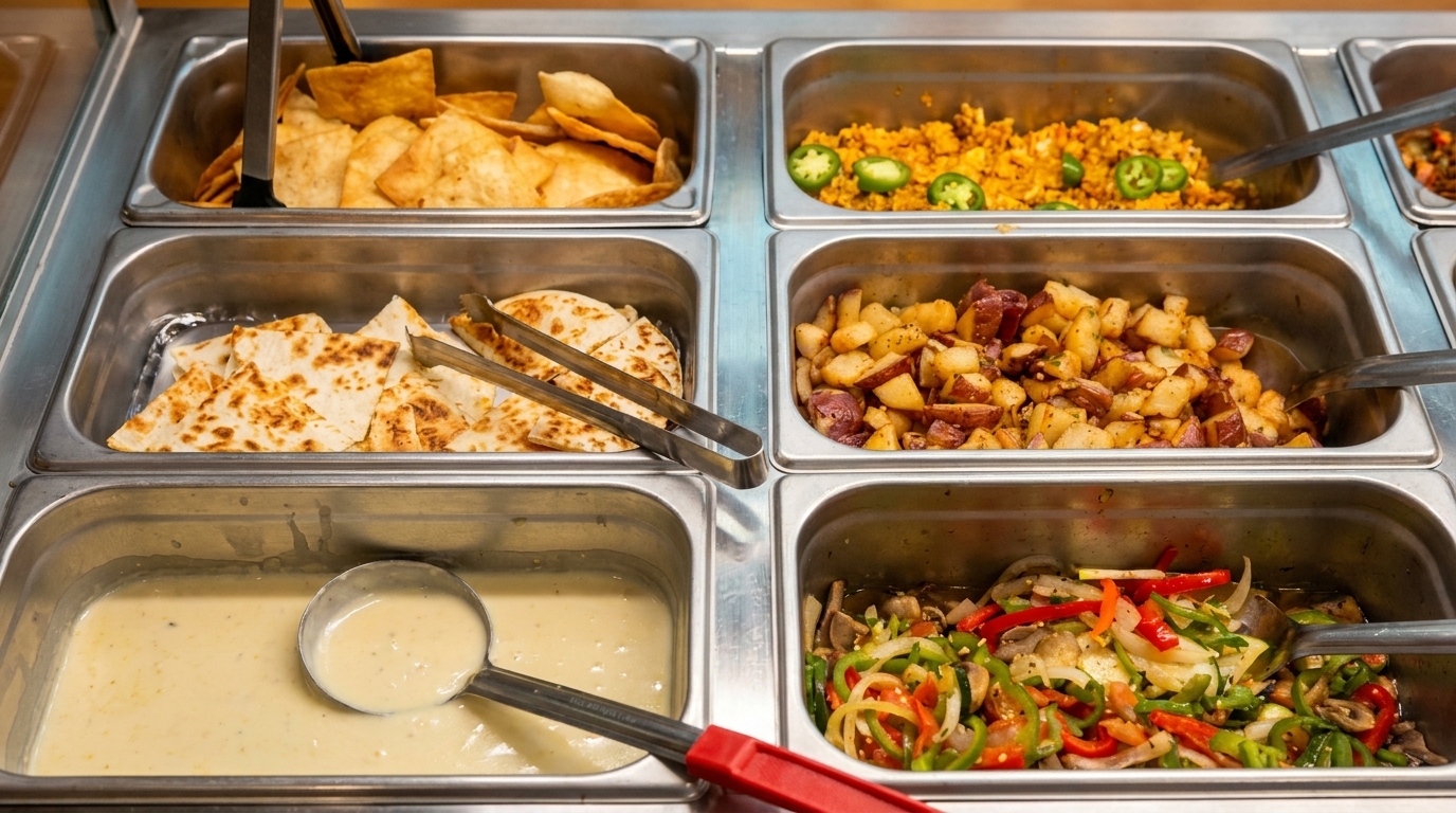 Buffet line with various hot dishes including quesadillas, rice, potatoes, vegetables, and queso.