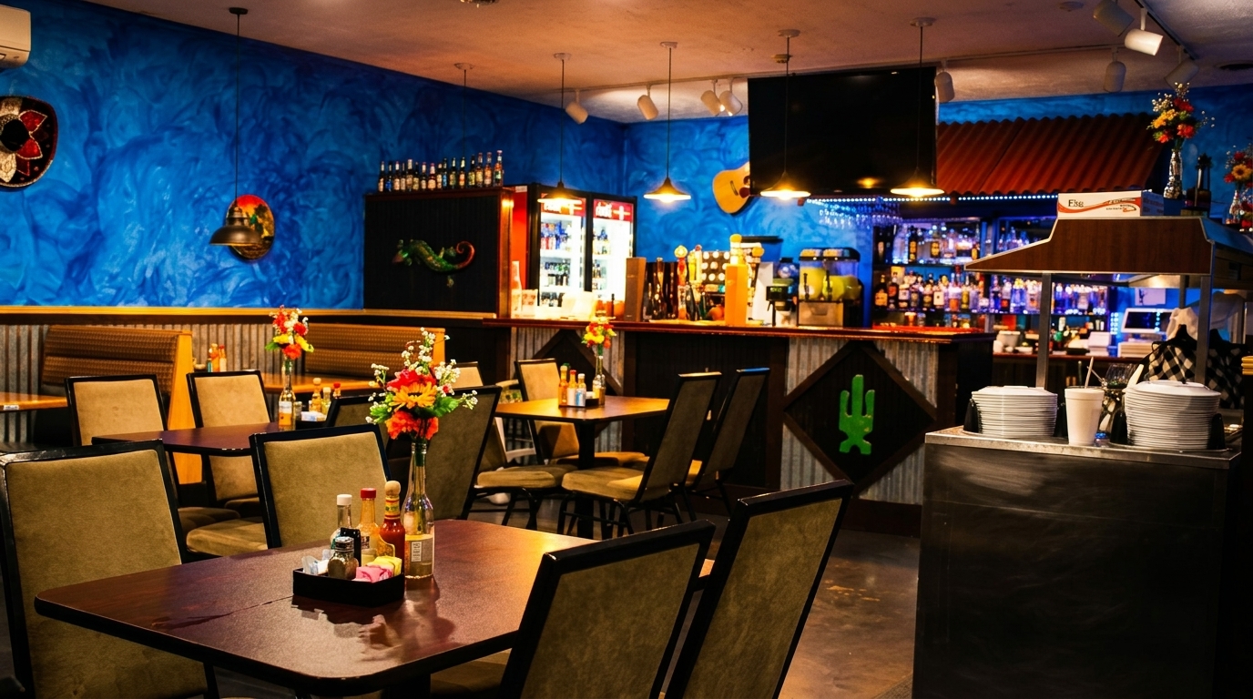 Vibrant Mexican restaurant interior with blue walls, dining tables, and a fully stocked bar area.