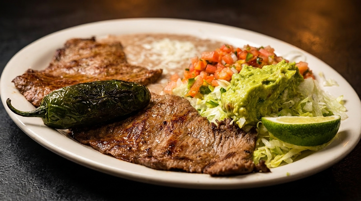 Grilled steak with a roasted jalapeño, guacamole, pico de gallo, shredded lettuce, and refried beans.
