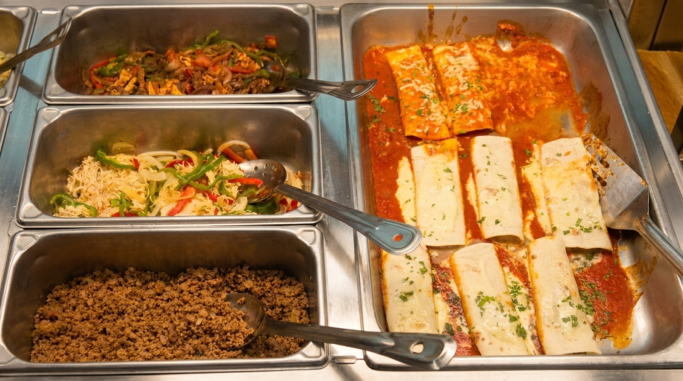 Buffet trays filled with fajita vegetables, ground meat, and enchiladas with red sauce.