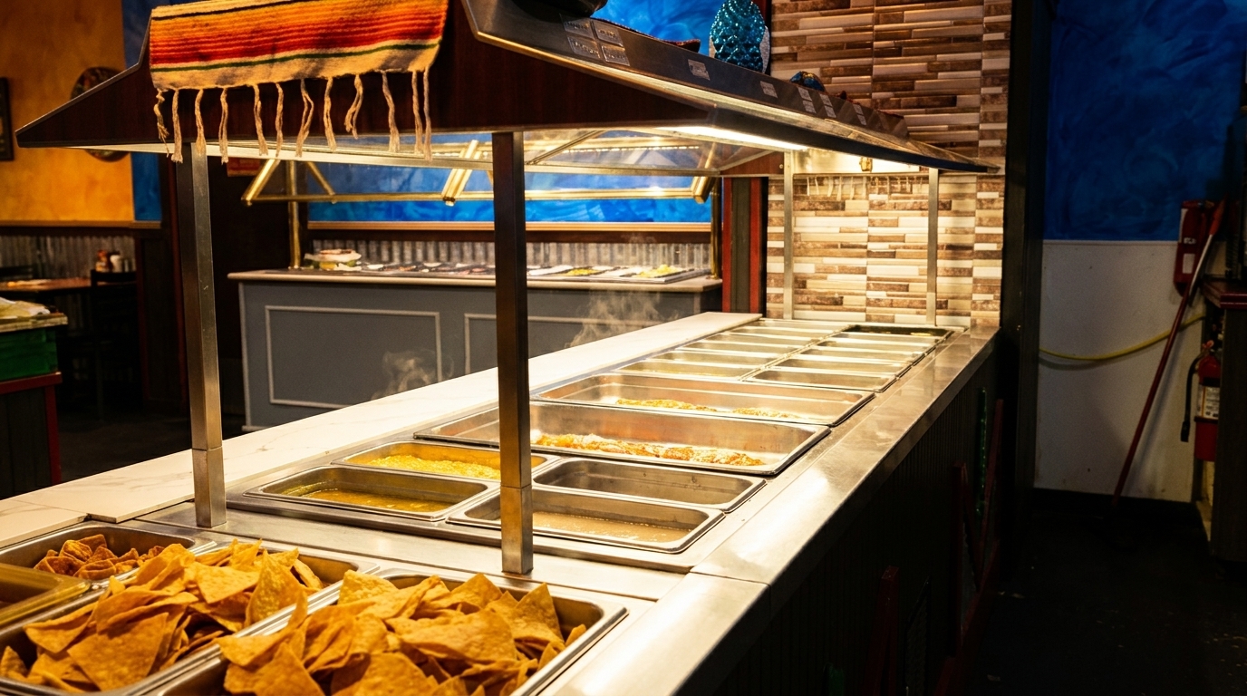 A buffet line with various hot dishes, tortilla chips, and a colorful serape draped overhead.