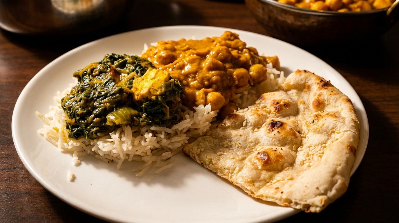 A white plate with rice, palak paneer, chana masala, and naan bread.