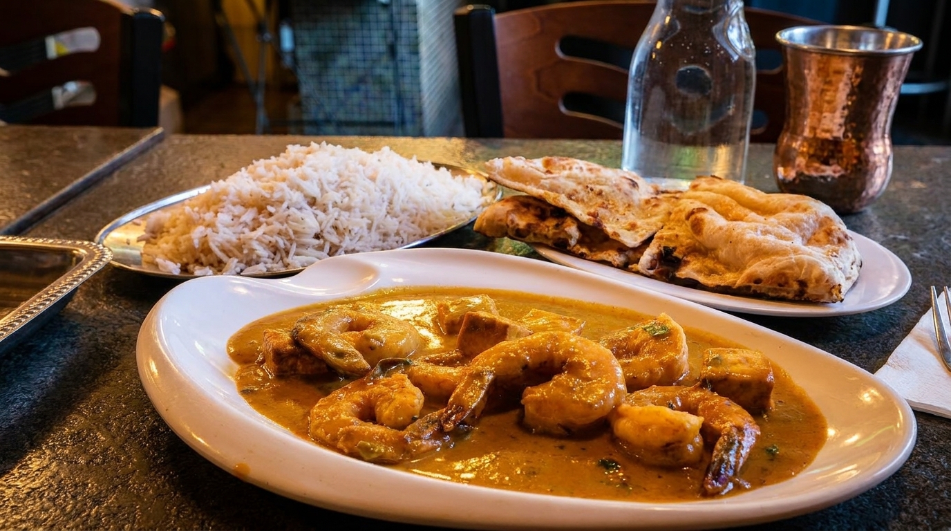 Shrimp curry, rice, and naan bread on a table with a water bottle and copper cup.