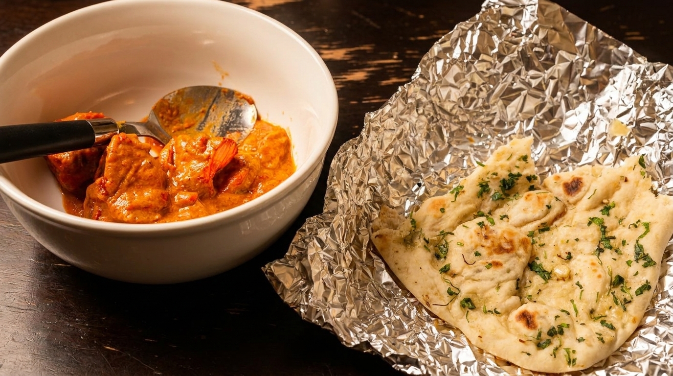 A white bowl of shrimp curry with a spoon next to garlic naan bread on aluminum foil.