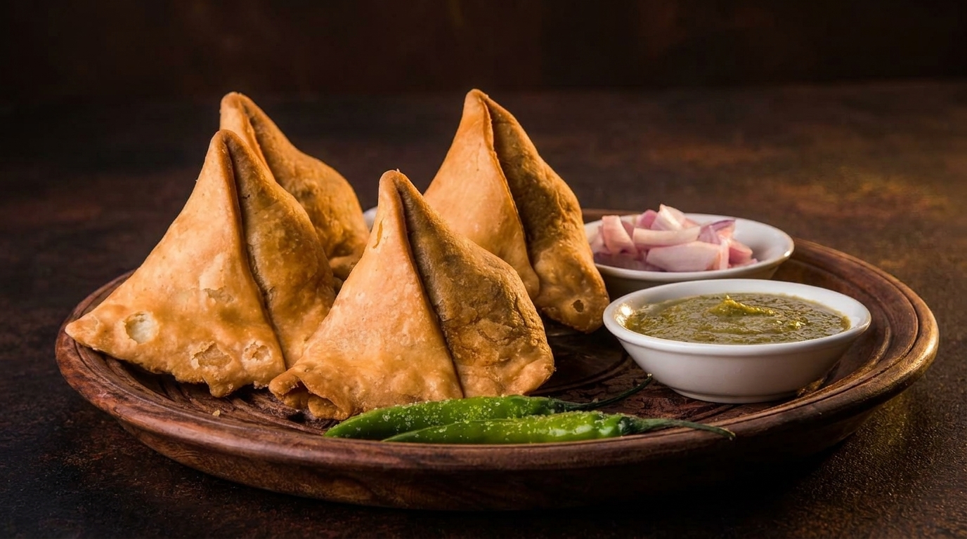 Golden-brown samosas, green chilies, and two bowls of chutney and chopped onions on a wooden plate.