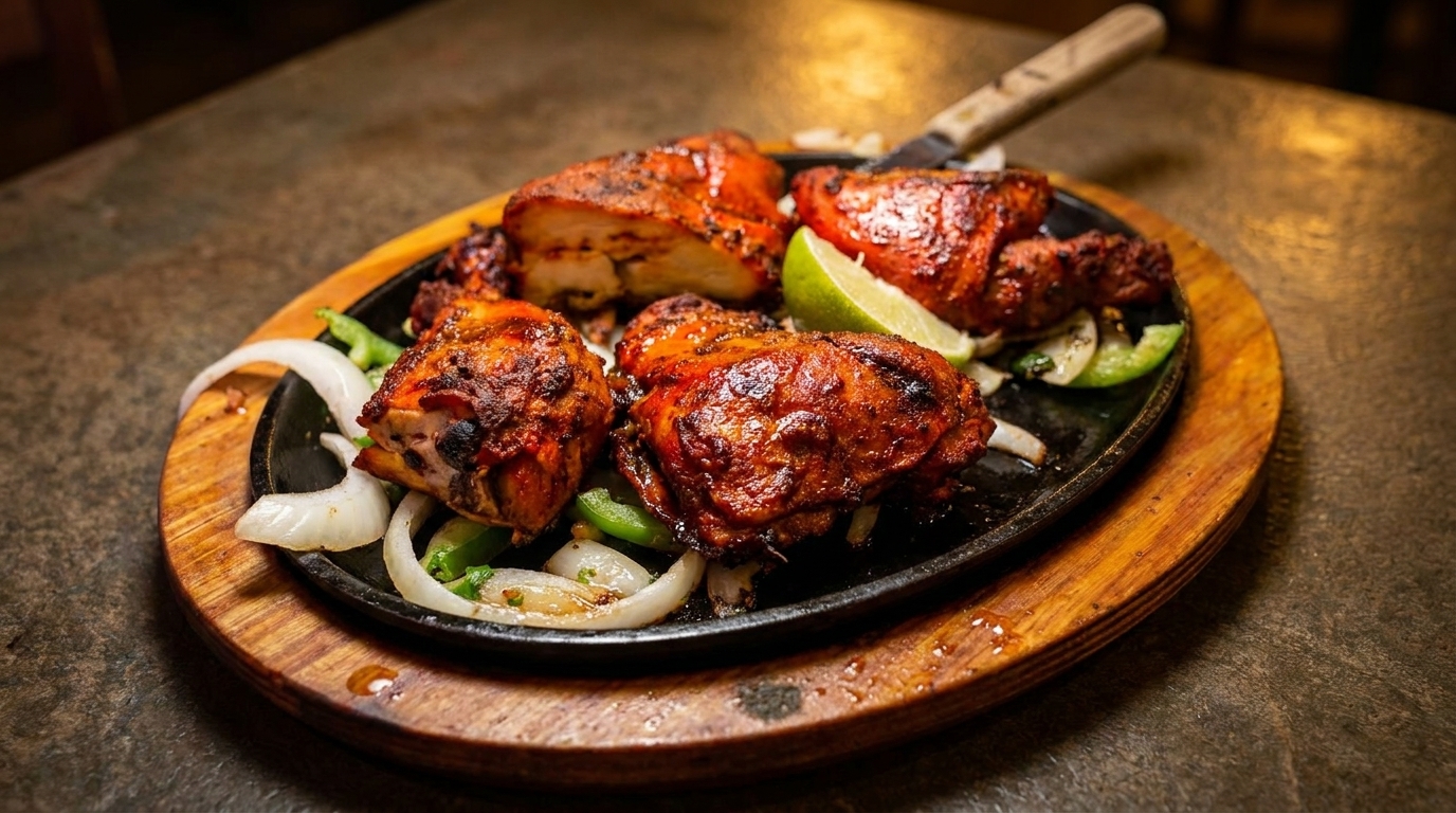 Sizzling tandoori chicken with onions, green peppers, and lime on a cast iron platter.