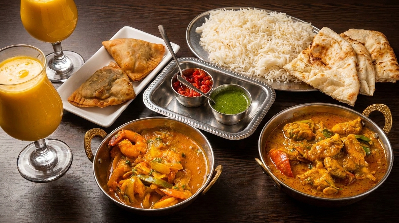 A spread of Indian food including curries, rice, naan, samosas, chutneys, and mango lassi.