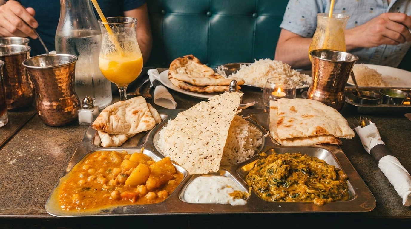 A table laden with Indian thali meals, naan, rice, and drinks, with people dining.