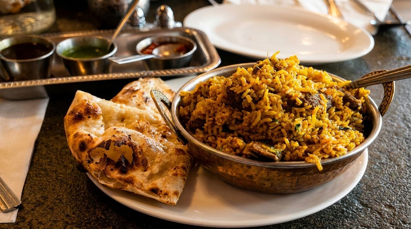 A copper bowl of biryani rice and naan bread on a white plate with sauces in the background.