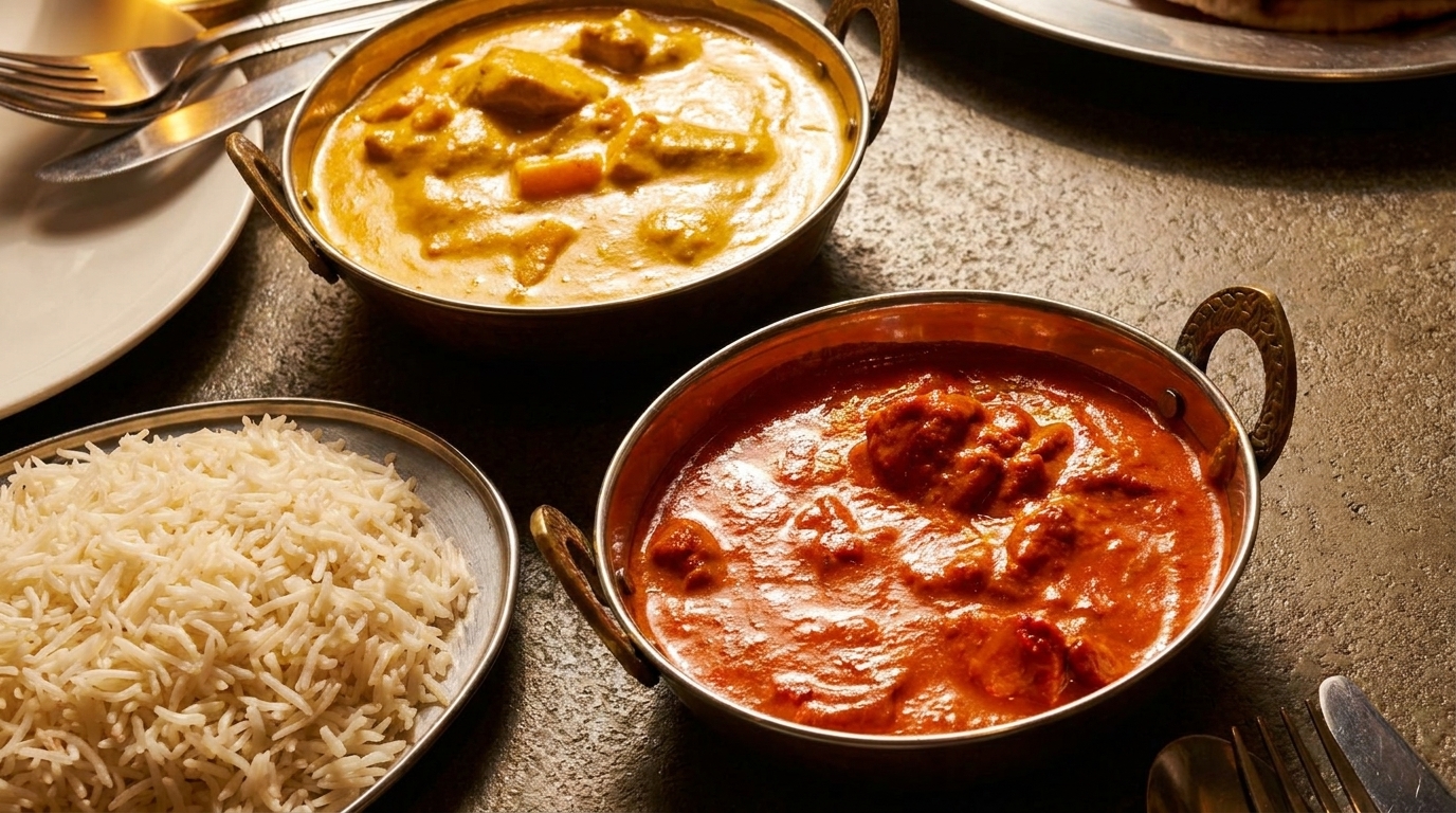 Two bowls of Indian curry, one orange and one yellow, with a side of white rice.