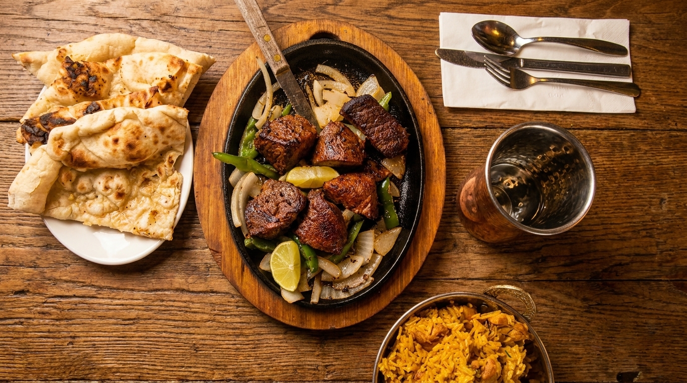 Indian meal with sizzling meat, onions, peppers, naan bread, and rice on a wooden table.