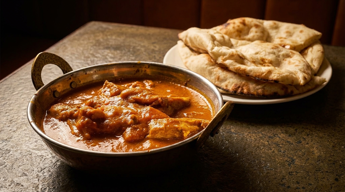 A copper bowl of chicken curry and a plate of naan bread on a dark table.
