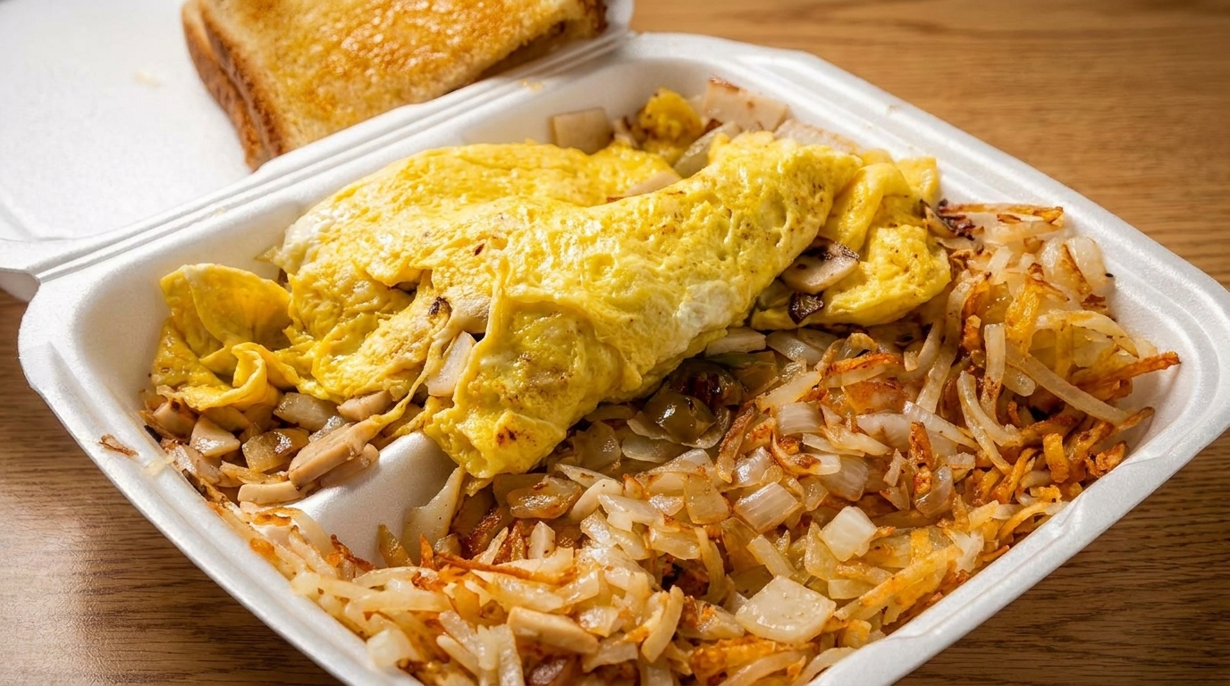 Takeout container with a mushroom omelet, hash browns, and home fries, with toast in the background.
