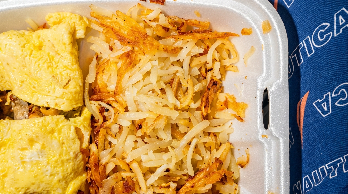 Close-up of a breakfast takeout container with fluffy omelets and crispy hash browns.