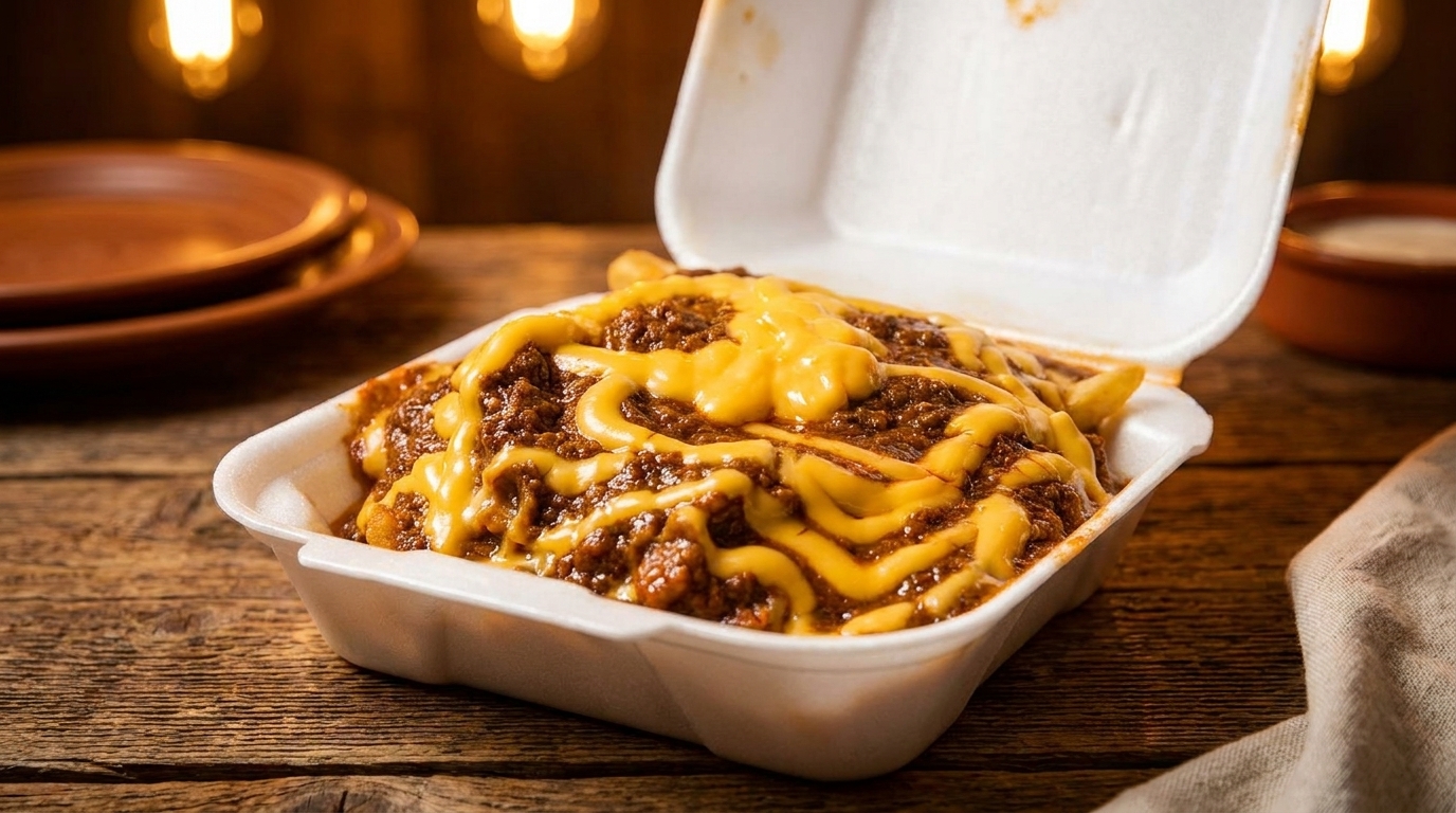 Chili cheese fries in a white takeout container on a rustic wooden table.
