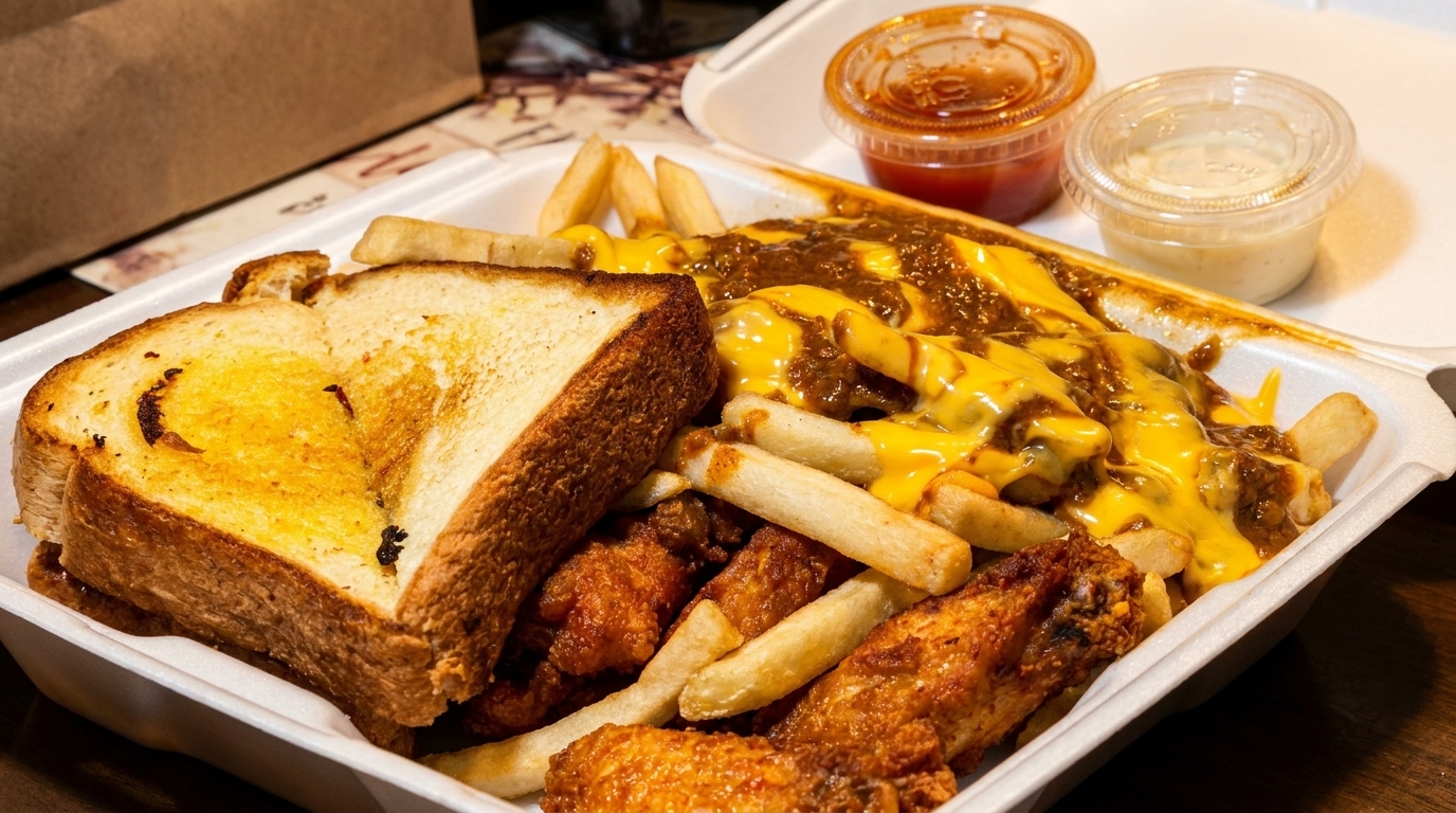 A takeout container filled with chili cheese fries, fried chicken wings, and buttered toast.