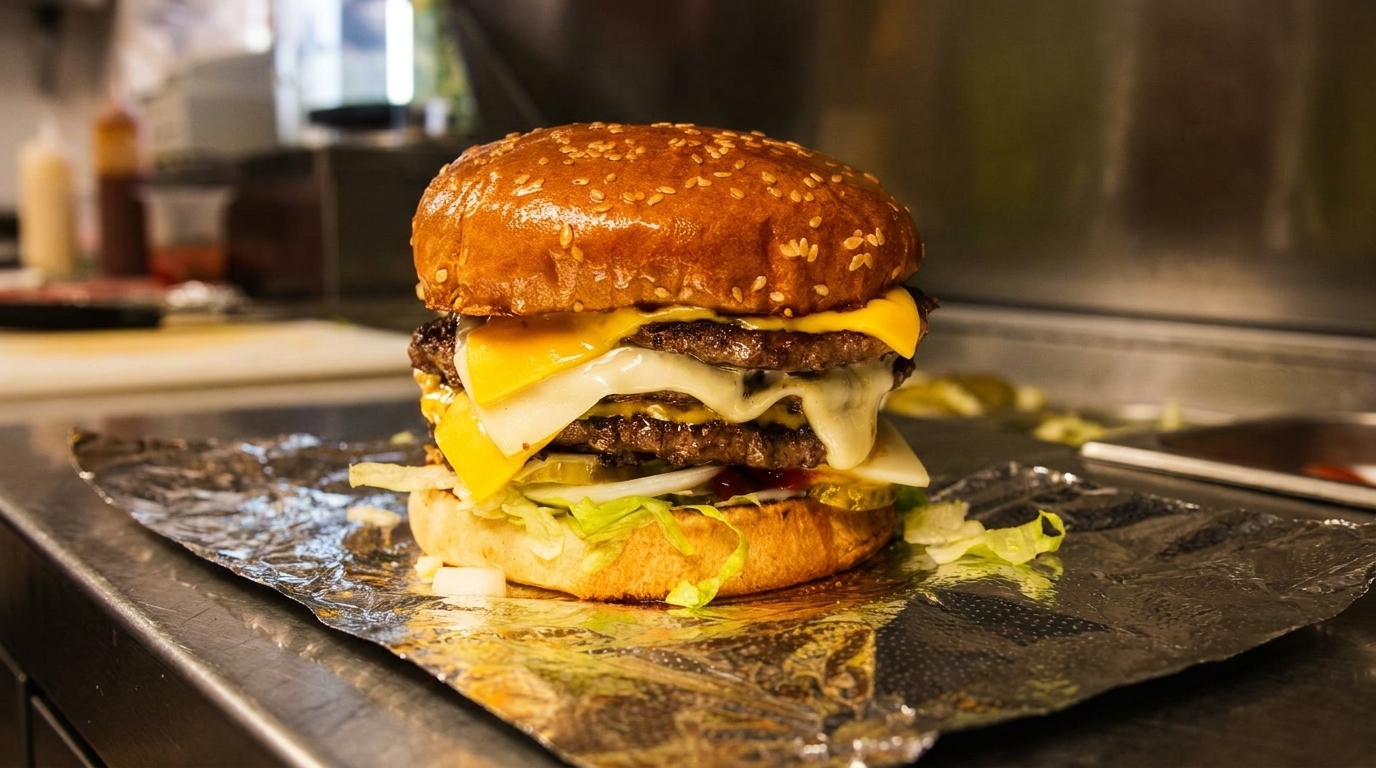 A large double cheeseburger with melted cheese, lettuce, and pickles on foil in a kitchen.