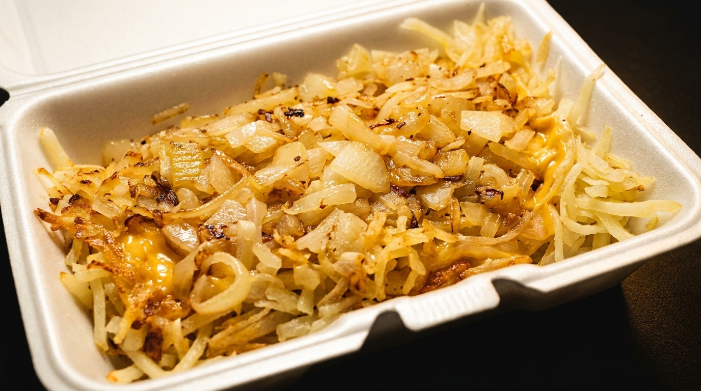 Hash browns with melted cheese and grilled onions in a white takeout container.