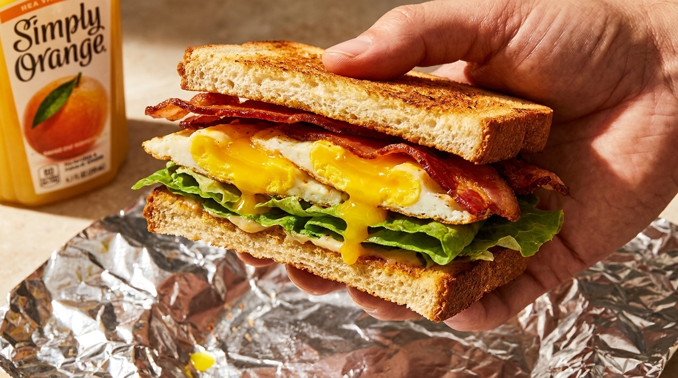 Hand holding a bacon, egg, and lettuce sandwich with runny yolks, next to Simply Orange juice.