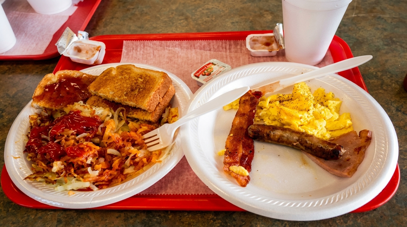 Two plates of breakfast food on a red tray, with hash browns, toast, eggs, bacon, and sausage.