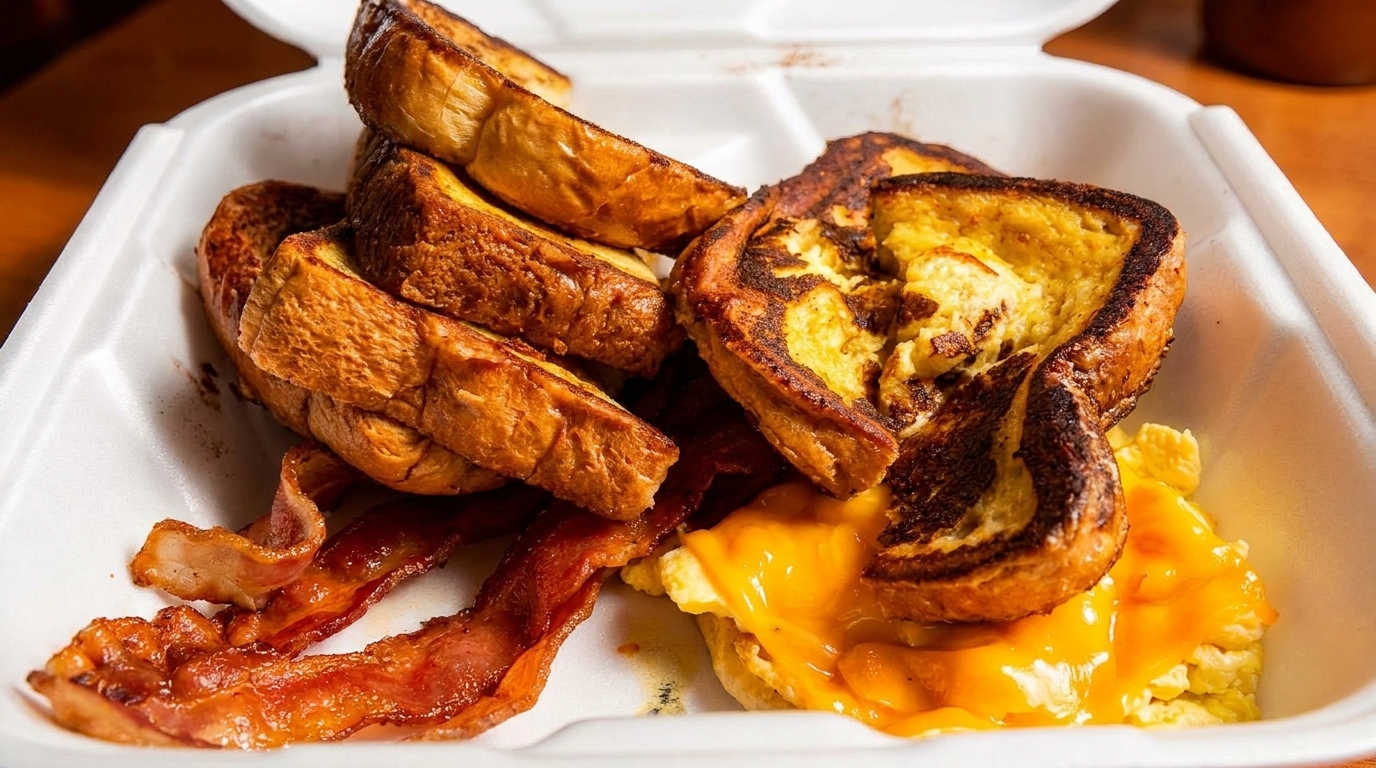 French toast, crispy bacon, and cheesy scrambled eggs in a white takeout container.