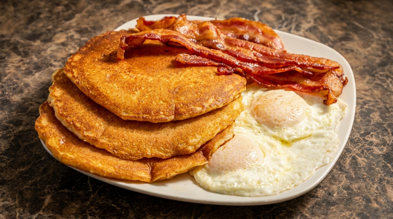 A breakfast plate with a stack of golden pancakes, crispy bacon, and two fried eggs.