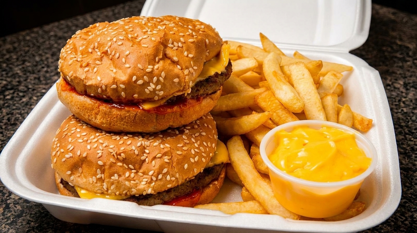 Two cheeseburgers with fries and a side of cheese sauce in a white takeout container.