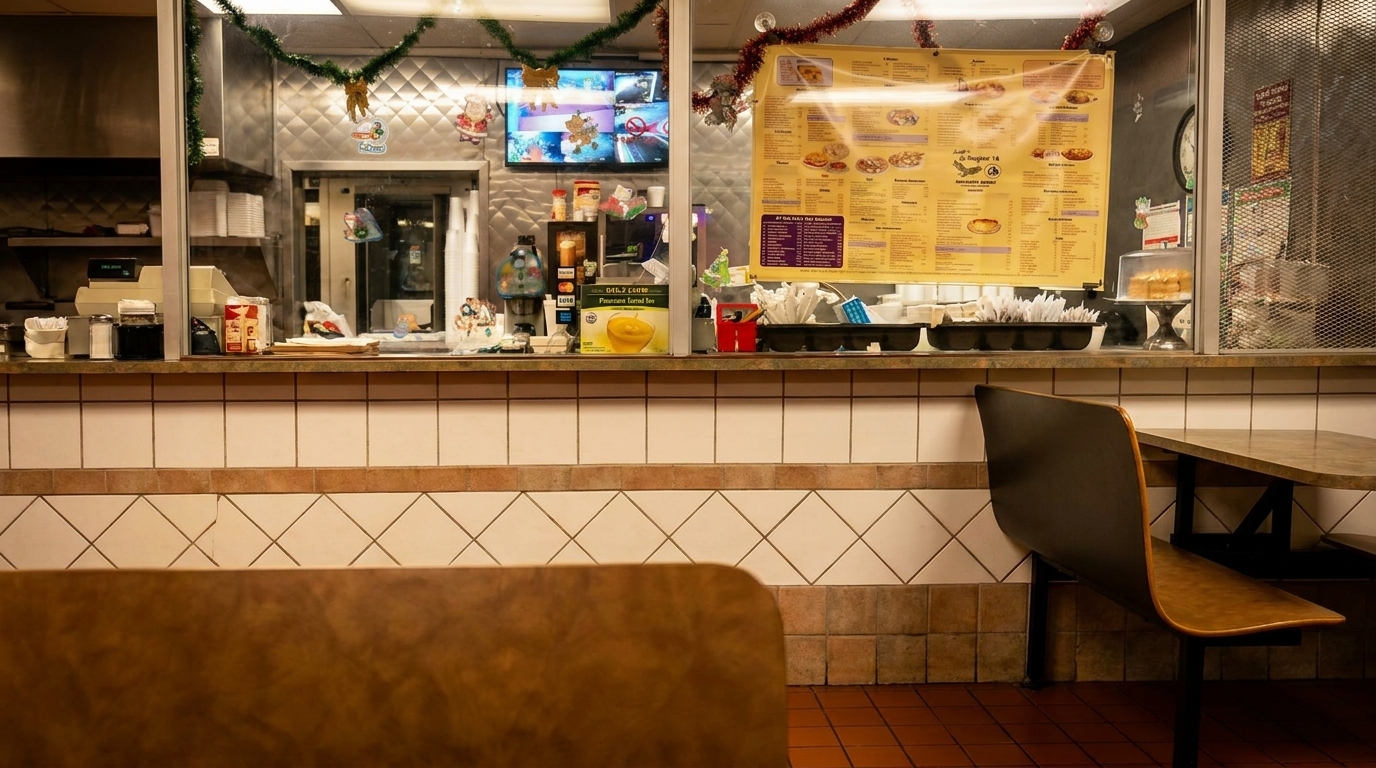 Interior view of a restaurant counter with a menu, holiday decorations, and booth seating.