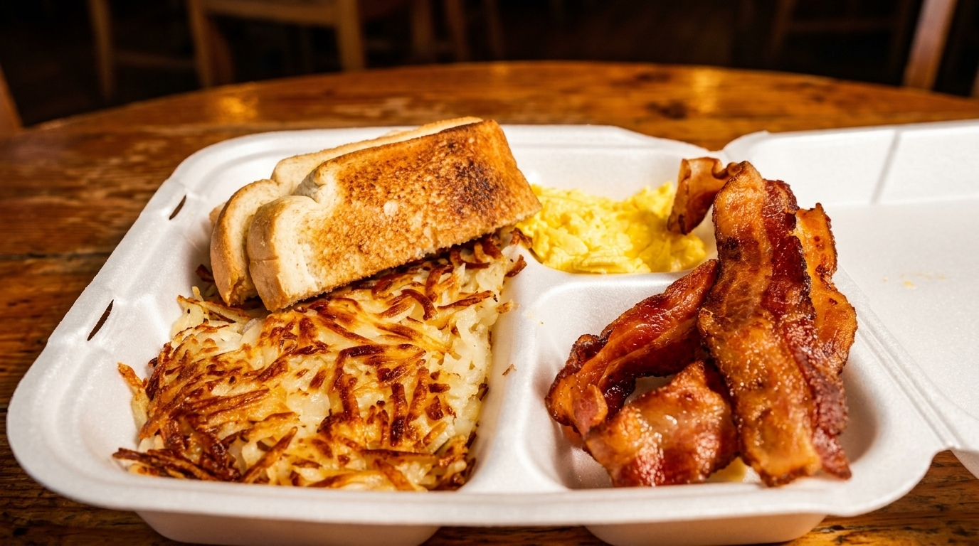 Breakfast in a to-go container with hash browns, toast, scrambled eggs, and bacon.