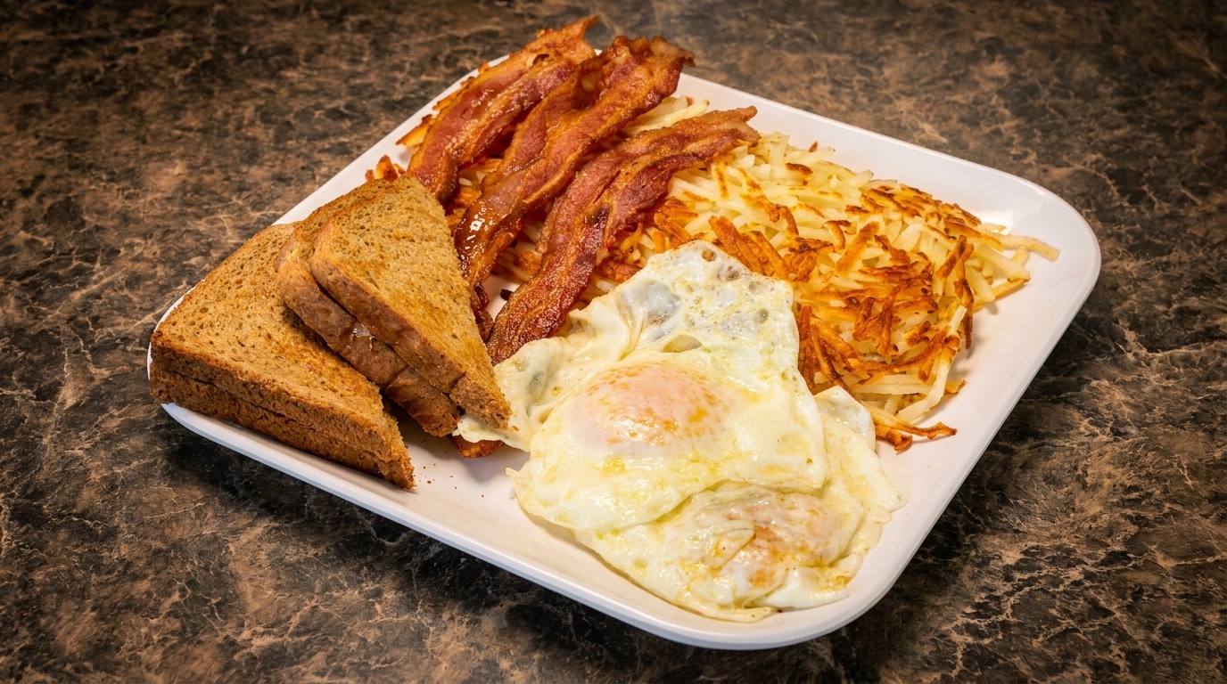 A breakfast plate with crispy bacon, hash browns, fried eggs, and toasted bread.