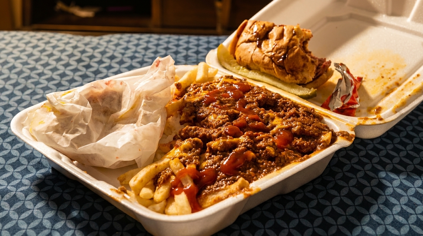Chili cheese fries and a partially eaten hot dog in a styrofoam container on a patterned tablecloth.