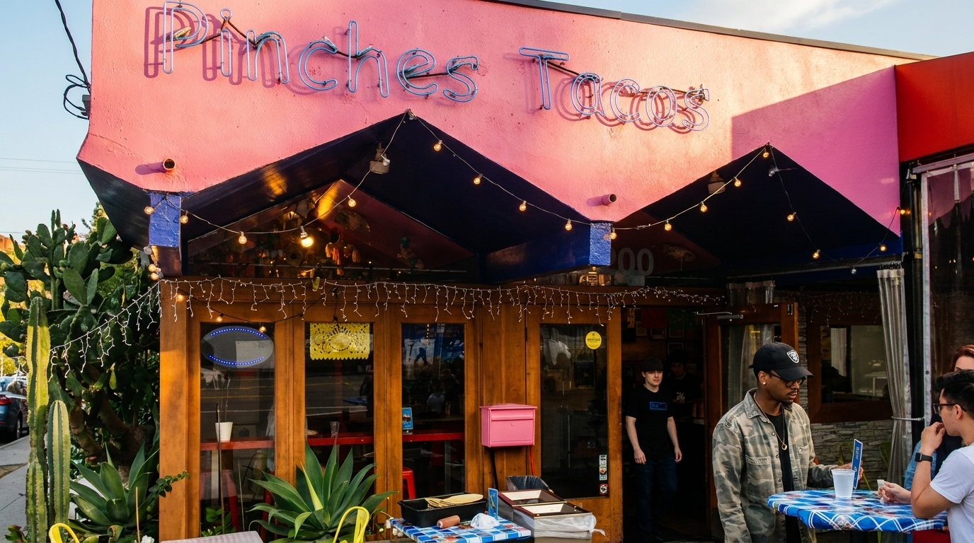 Pink Pinches Tacos restaurant exterior with neon sign, string lights, cacti, and people at outdoor tables.