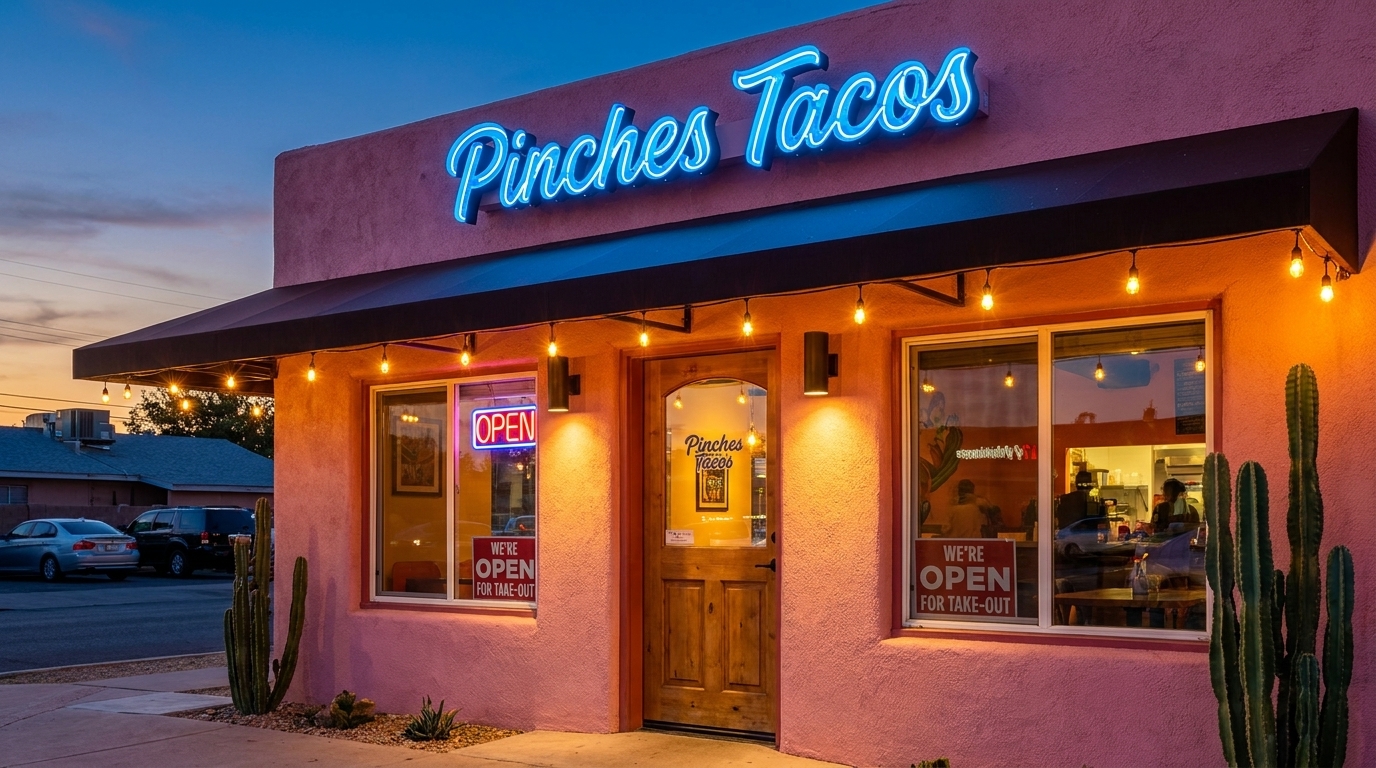 Pinches Tacos restaurant exterior at dusk, with a blue neon sign and string lights illuminating the pink building.
