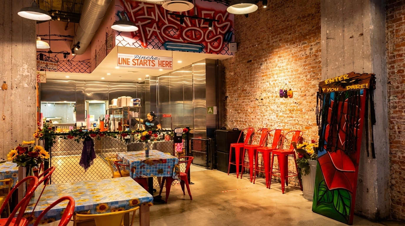 Colorful restaurant interior with brick walls, graffiti, red bar stools, and sunflower-patterned tables.