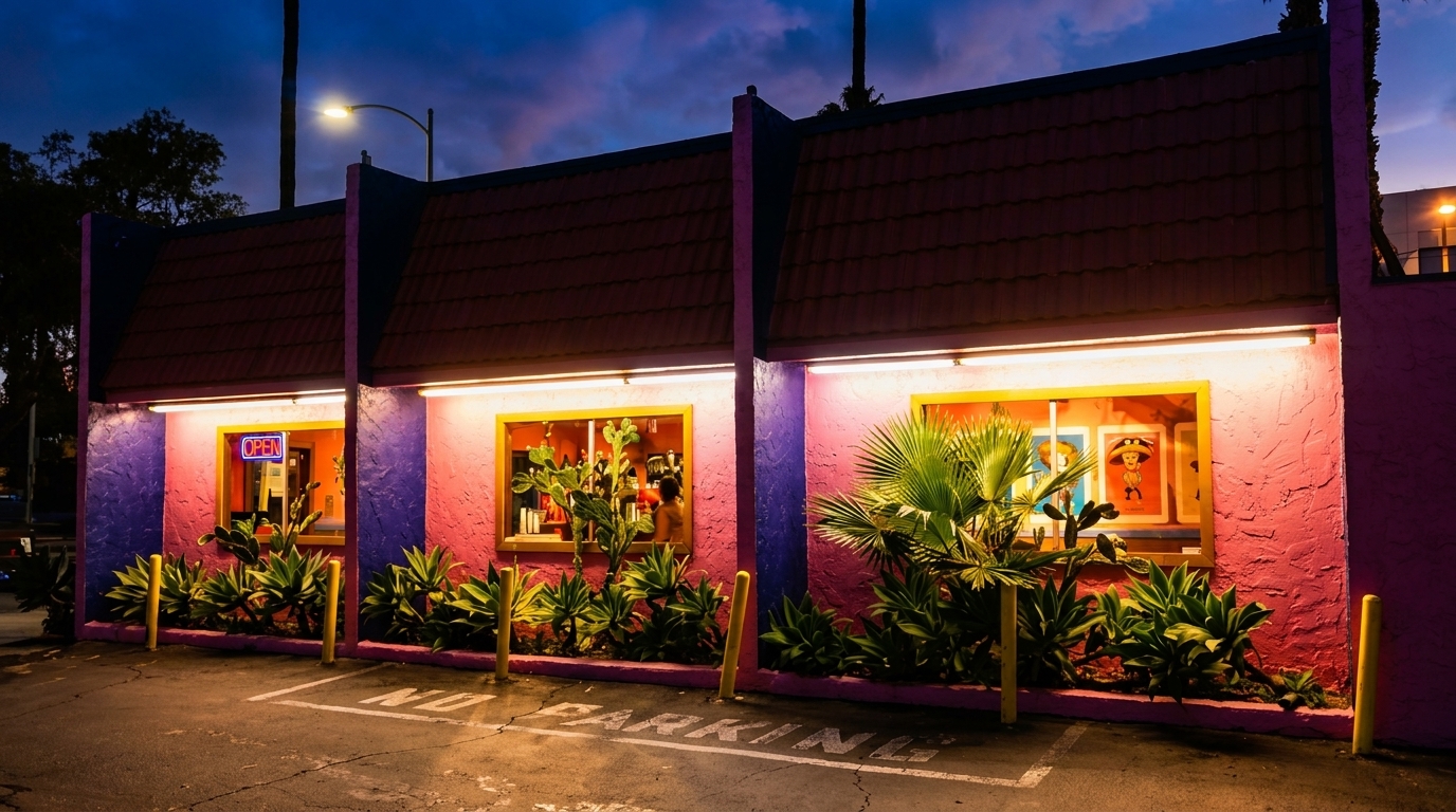 Vibrantly lit pink and purple restaurant exterior at dusk with "NO PARKING" painted on the asphalt.