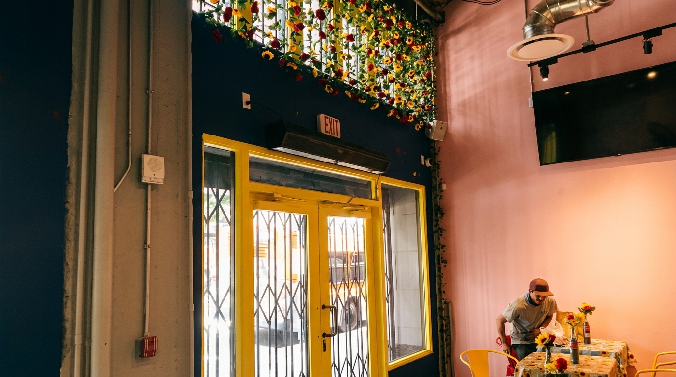 Restaurant interior with yellow doors, floral decor, and a person setting a table.