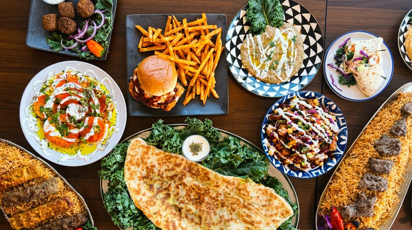 Overhead view of a table laden with various Middle Eastern dishes, including kebabs, falafel, and salads.