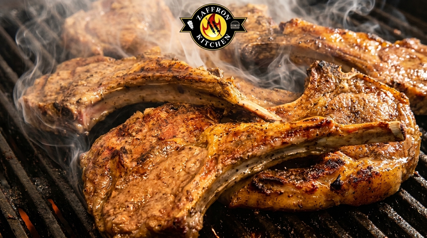 Zaffron Kitchen's lamb chops grilling on a smoky barbecue, showing rich texture and seasoning.