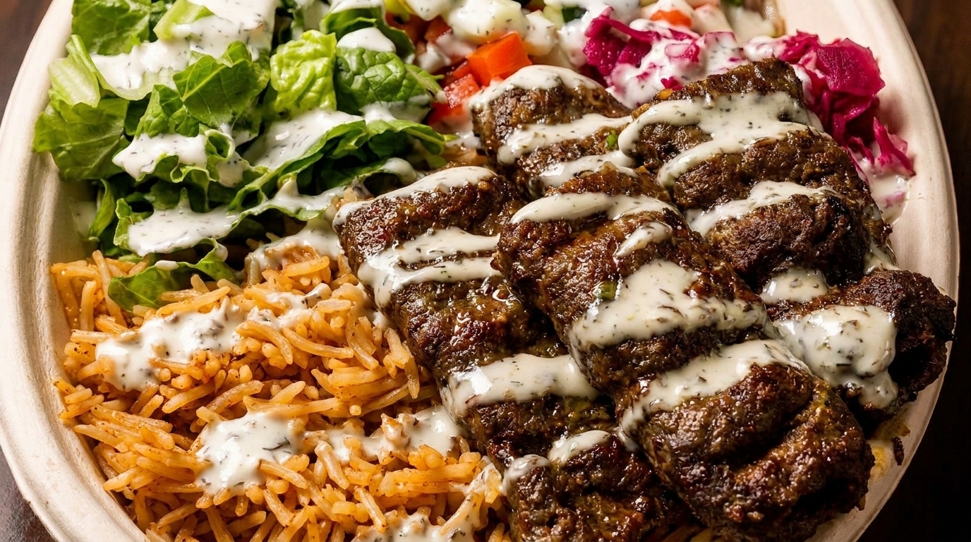 Close-up of a kebab plate with rice, salad, and meat drizzled with white sauce.