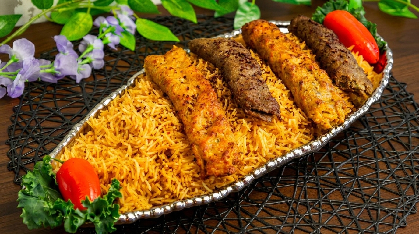 A silver platter of golden rice topped with four kebabs, garnished with red peppers and greens.