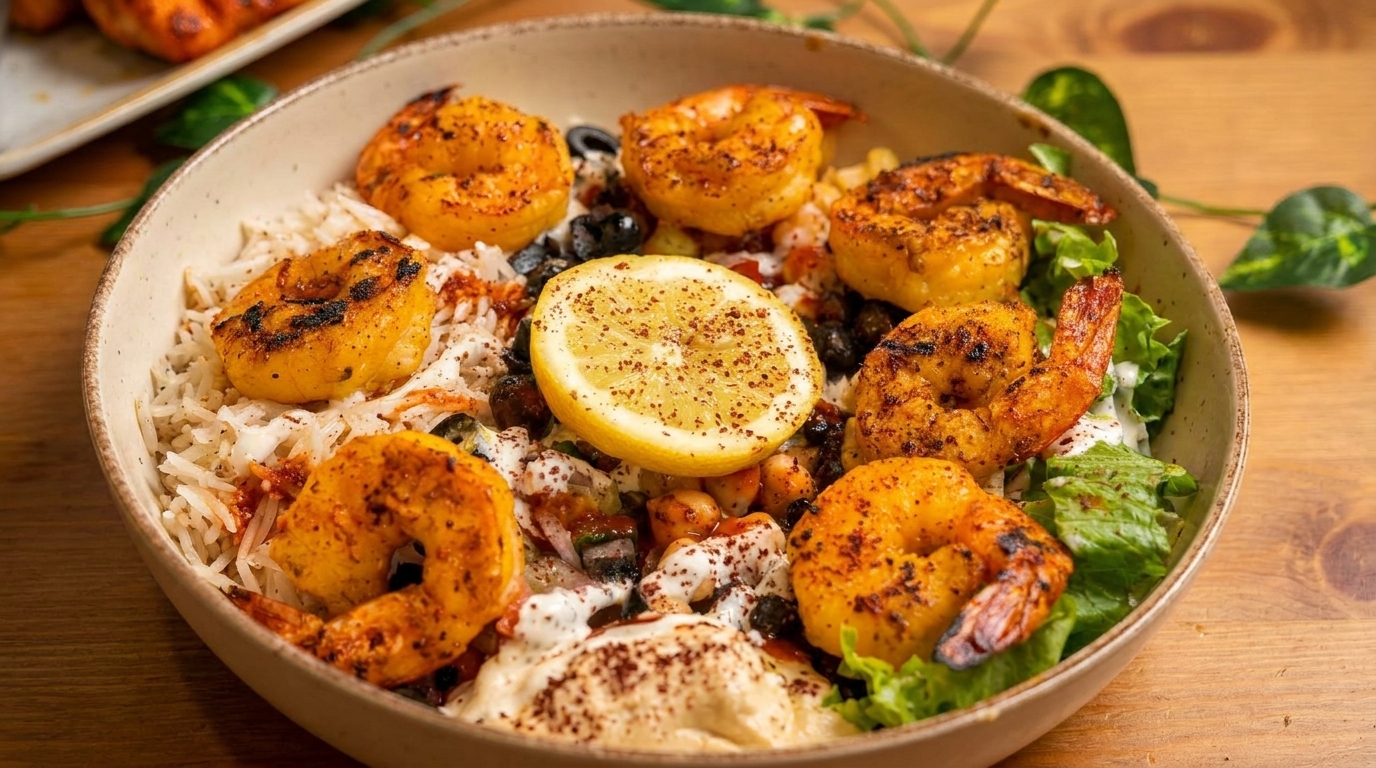 Grilled shrimp, rice, hummus, and salad with a lemon slice in a bowl.