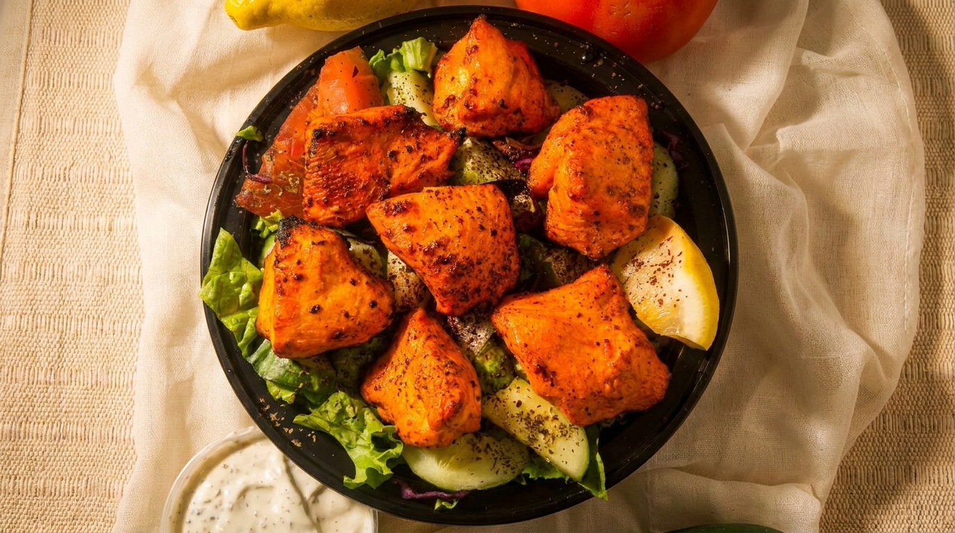 Overhead view of a black bowl filled with chicken tikka, lettuce, cucumbers, and a lemon wedge.