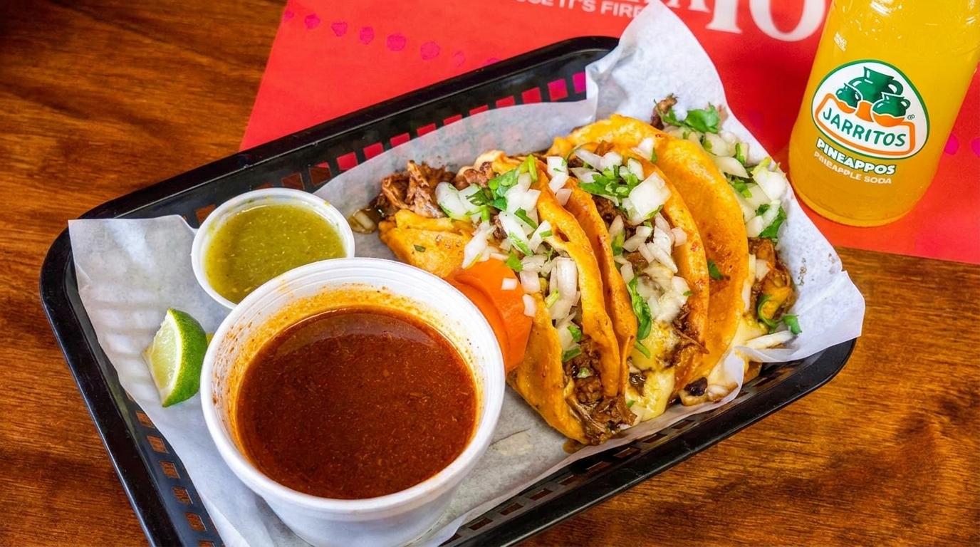 Three birria tacos with onions, cilantro, and cheese, served with two dipping sauces and a Jarritos.