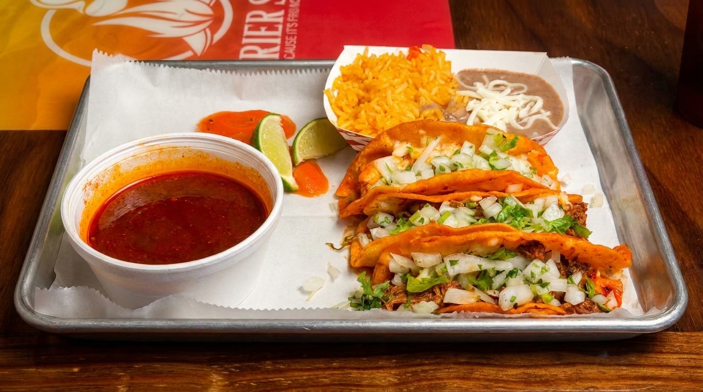 Three birria tacos with cilantro and onions, a side of consommé, rice, and refried beans.