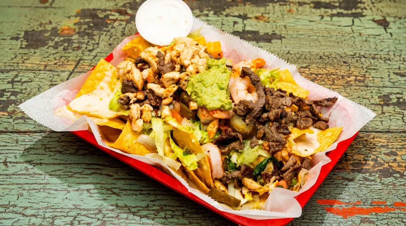 A large platter of nachos with steak, chicken, shrimp, guacamole, and sour cream.